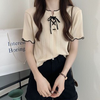 《現貨下單》【4777人收藏】夏季2025年新款薄款冰絲針織衫女短袖設計感小眾短版短袖t恤上衣短袖t恤女短袖上衣女短袖女