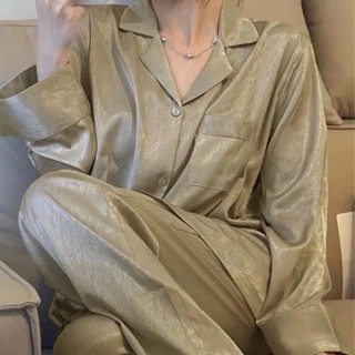 絲綢長褲薄款套裝春秋季氣質睡衣長袖冰絲法式女
