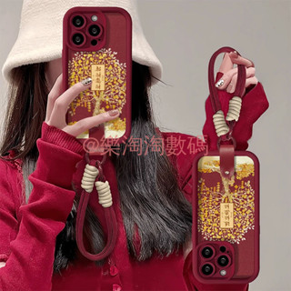 💕。招財進寶適用蘋果16Promax新年手機殼iPhone15Plus/13mini酒紅XSMAX哀鳳全包防摔保護套紅色