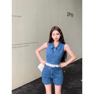 【HOT 本舖】 ！夏日復古牛仔套裝女翻領撞色拼接背心水洗闊腿短褲兩件套潮
