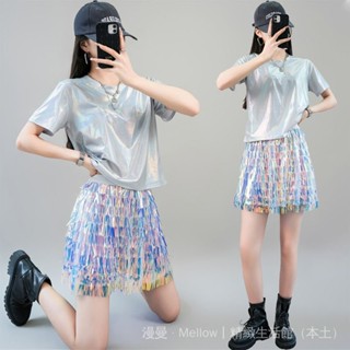✨臺灣出貨#夏款短袖套裝女舞臺裝寬鬆百搭亮閃閃學生爵士舞服裝啦啦隊演齣服