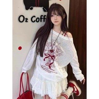 【Uni】美式塗鴉斜肩T恤女長袖設計防曬 罩衫 女夏季薄款寬鬆甜辣妹 上衣 女