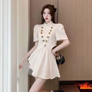 法式上衣 名媛上衣 小香風女裝 泡泡袖上衣 百褶拚接網紗半身裙 夏天女 裝兩件套裝 ins風 韓係上衣