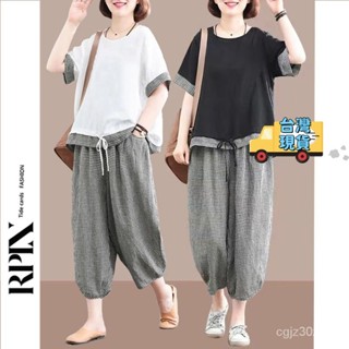 【大尺碼套裝】夏季短袖女裝 寬鬆長褲女 民族風套裝女 媽媽夏天套裝 中年女裝 休閒寬鬆大碼棉麻格子兩件套潮 中老年女裝