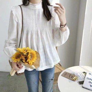 【臺灣出貨】正品 棉世界 日系森女褶皺花邊拚接寬鬆開衫娃娃衫女 顯瘦長袖上衣 女裝 日系女裝