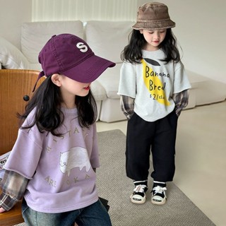 MIGUA女童假兩件衛衣2025春秋新款兒童寬鬆時髦拚接長袖寶寶卡通上衣潮BAOBEI☆
