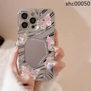 ins鏡面夢幻蝴蝶適用蘋果15plus手機殼iPhone14promax/13pro/12補妝鏡全包防摔華為vivo榮耀