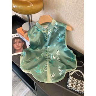 薄荷曼波風綠色旗袍領馬甲背心女2024夏款新中式國風刺繡馬夾上衣Mint Manbo style green cheon