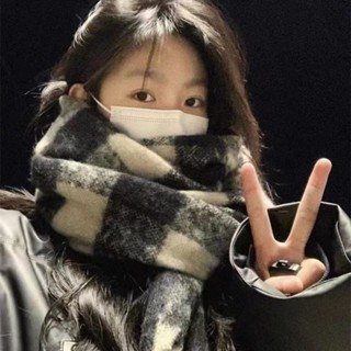 新款 美拉德風 仿羊絨 格子 圍巾女 秋冬季 加厚保暖 披肩兩用 純色圍巾 學生圍脖 高階感圍巾 氛圍感圍巾 百搭圍巾