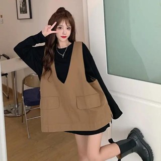 [清倉大促]大碼300斤胖mm秋季套裝女寬鬆慵懶風v領工裝馬甲長袖上衣兩件套潮