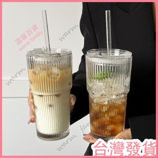 🍠臺灣發貨+統編🍠新店特惠🍠青蘋果大容量帶蓋帶吸管豎條紋玻璃杯高顔值冷飲杯果汁咖啡杯水杯
