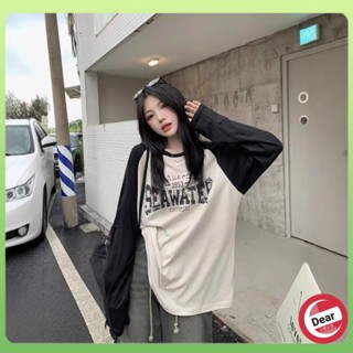 【Dear】長袖T恤女寬鬆韓版新款插肩袖拚接百搭大碼中長款打底衫上衣