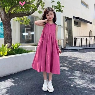 【YAOEENH】110-170CM 夏季女童洋氣無袖公主洋裝 中大童韓版素色大裙襬背心裙 現貨 快速出貨
