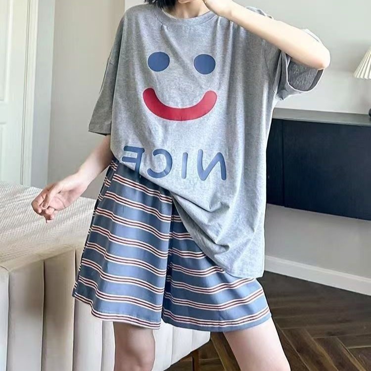 家居服睡衣女短袖短褲睡裙睡衣女夏季短袖短褲笑臉條紋可愛圓領短褲少女居家甜美寬鬆家居服 WZLT