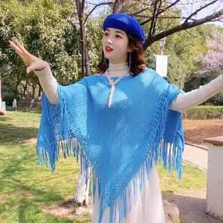 流蘇套頭針織衫女披肩圍巾毛衣兩用鏤空外搭寬鬆毛線上衣斗篷20250424SS