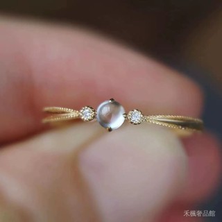 925純銀鍍金鑲嵌玻璃種高冰玉髓蛋麵戒指 精緻小巧百搭首飾品禮物[禾楓社]