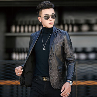 [現貨特惠]男皮衣 男生皮外套 皮外套男 海寧皮衣男真皮西裝外套柔軟綿羊皮皮夾克刺繡韓版緊身潮流皮西裝
