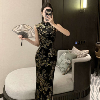 雲南洋裝 白色洋裝 洋裝 中式絲絨燙金改良旗袍洋裝名媛高階性感小洋裝宴會禮服包臀長裙