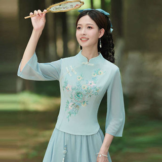 繡花漢服女 原住民服飾 初色 服飾 民國風女裝漢服年輕人唐裝女中國風茶藝服裝復古刺繡改良旗袍上衣