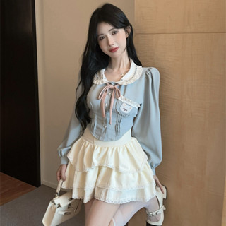 實拍 學院風甜美套裝小個子顯瘦領結長袖上衣高腰蛋糕短裙兩件套