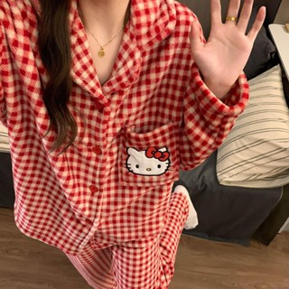 【有幸時光】春秋冬款睡衣 珊瑚絨睡衣 格子睡衣女 加絨加厚尚睡衣 法蘭絨睡衣 可愛凱蒂貓睡衣 家居服 大碼睡衣 睡衣套裝