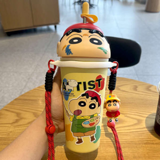 環保杯 不鏽鋼杯 冰霸杯 蠟筆小新大頭保溫杯女高顏值不鏽鋼保冷冰霸杯帶吸管大容量兒童杯