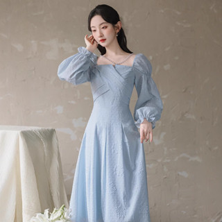 早春法式複古宮廷風絶美藍色在逃公主裙一字肩生日輕禮服連衣裙韓系氣質連衣裙 修身顯瘦洋裝收腰洋裝 禮服裙洋裝