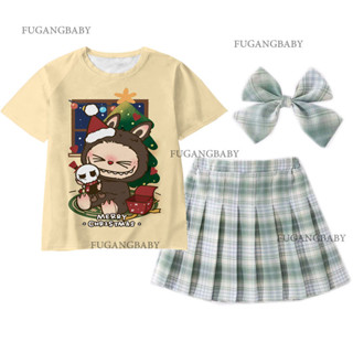 Labubu 聖誕裝兒童女孩卡通 Labubu T 恤綠色百褶裙領結女嬰衣服 Ootd 兒童生日派對角色扮演服裝兒童 J