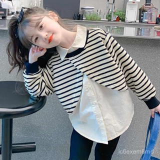 甜甜價🉐女童襯衫秋裝2023新款洋氣條紋長袖假兩件上衣兒童翻領襯衣潮 SILK
