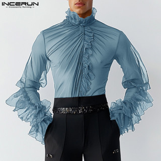 Incerun 男士復古時尚透視網眼長袖襯衫