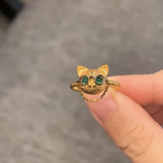 【店鋪熱銷】時尚仿18K黃金貓咪戒指 個性精緻可愛眼睛貓頭鷹鏈條尾戒指環批發