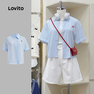 Lovito 女用休閒條紋蝴蝶結刺繡羈扣襯衫 L130AD020