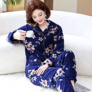 保暖外套 冬天外套 珊瑚絨外套 長袖小外套珊瑚絨家居服套裝中老年奶奶春秋款法蘭絨可外穿女士睡衣