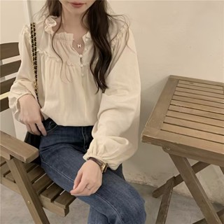 衣時尚 上衣 白色襯衫 長袖襯衣 襯衣 S-2XL 新款法式設計感泡泡袖chic木耳邊長袖襯衫ME062-1921.