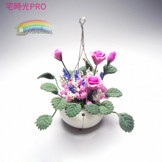 【宅時光PRO家居館】1:12娃娃屋配件 dollhouse迷你粘土花 植物盆栽 粉玫瑰弔罐 插花模型 家居辦公裝飾品