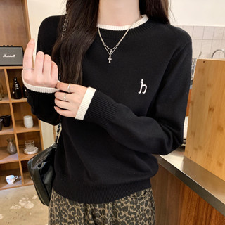 實價實拍灰色假兩件刺繡長袖針織衫女秋季修身毛衣內搭打底衫上衣