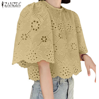 Zanzea 女式韓版時尚休閒圓領短袖泡泡袖鏤空刺繡短款上衣