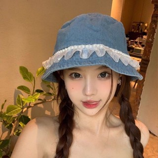 蕾絲牛仔盆帽漁夫帽珍珠春秋百搭漁夫帽女