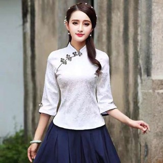 繡花漢服女 原住民服飾 初色 服飾 中袖旗袍上衣中式女裝短款唐裝漢服2025春夏裝新款兩件套改良茶服