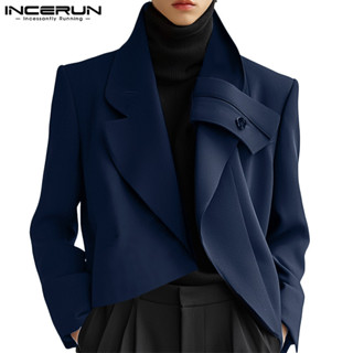 Incerun 男士韓版休閒翻領長袖純色西裝外套