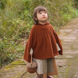 [秋季熱賣]女童上衣長袖韓版童裝針織上衣連帽春秋女童純色披肩精靈鬥篷兒童冬季保暖披風洋氣外套正韓5
