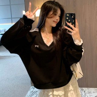 實拍微胖mm秋季新款蕾絲拚接長袖衛衣女假兩件寬鬆遮肚子顯瘦上衣