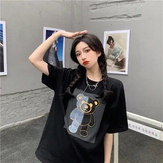 「現貨速發」新款白色小熊短袖T恤女｜設計感大碼半袖款｜寬鬆中長版ins潮上衣｜遮肉顯瘦百搭款｜免運限時優惠