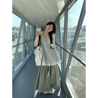 怪誕のBoutique 甜美格子蕾絲假兩件無袖吊帶 夏季新款 拼接設計寬鬆休閒背心上衣