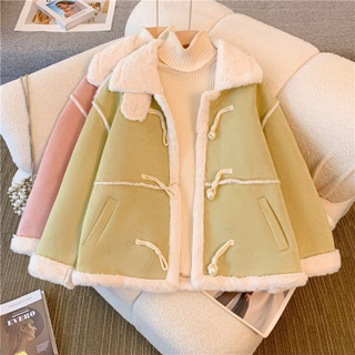 【HOT 本舖】 M-4XL 麂皮絨外套冬季保暖加厚長袖雙排扣純色鹿皮絨加絨棉衣女韓版