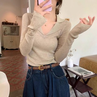 高階感螺紋polo翻領針織毛衣女春秋冬季V領法式百搭長袖打底上衣
