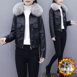 加棉 加厚 皮衣 外套 女 秋冬裝 韓版 短款 大毛領 機車服 加棉 黑色 皮夾克