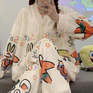 派大星甜美家居套裝珊瑚絨睡衣女秋冬季長袖加絨加厚保暖家居套裝
