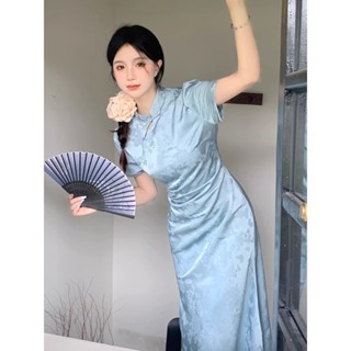 【店鋪熱銷】中式復古改良氣質旗袍夏季2025暗紋提花短袖新款國風洋裝
