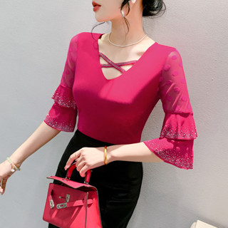 📣📣主流女裝現貨✔️M-3XL👗實拍絕美短袖t桖👗歐貨夏季新款喇叭袖網紗溫柔氣質燙鑽七分防曬荷葉袖時尚修身上衣 正韓衣著